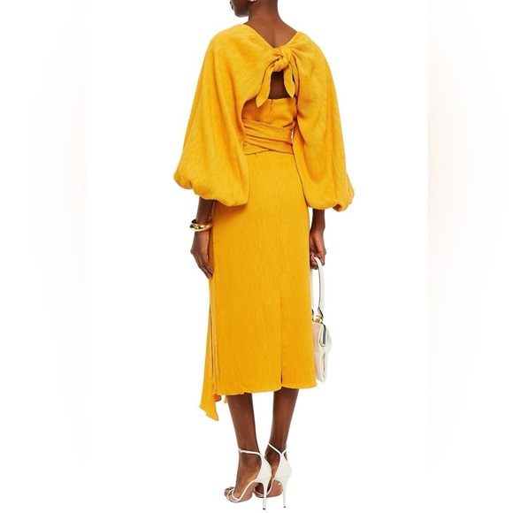 Johanna Ortiz Marigold Yellow Luna Miel Convertible Textured Crepe Midi Dress 8 - Picture 2 of 11